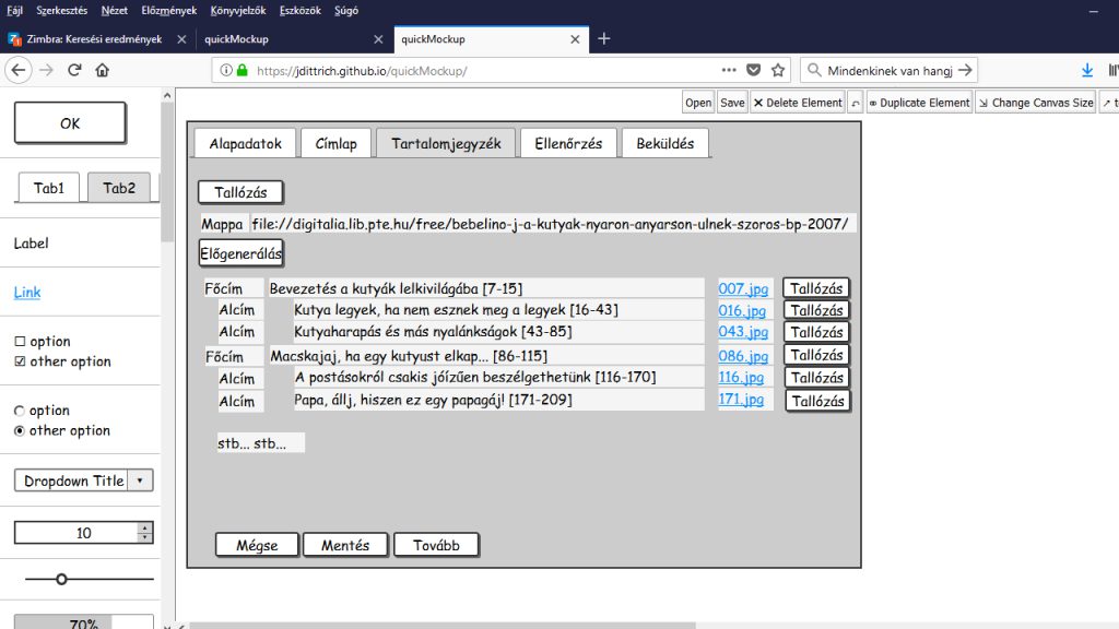 A harmadik űrlapfülön a könyv tartalomjegyzékét készíthetjük el